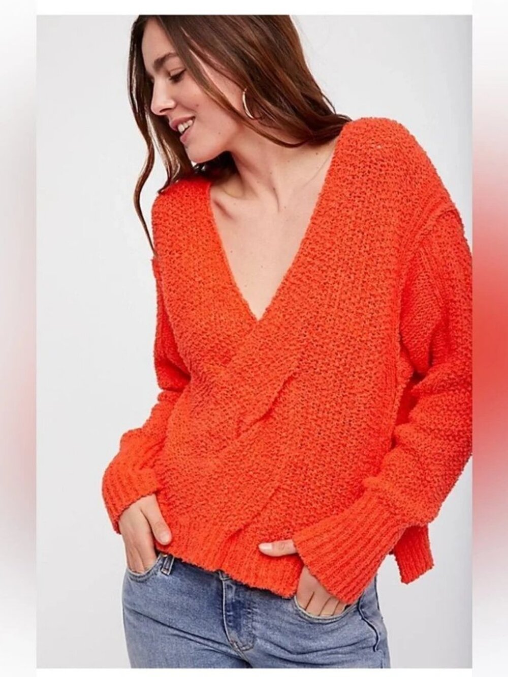 Free People Coco Orange Chunky Knit Crossover Front Design Sweater - Size Small
